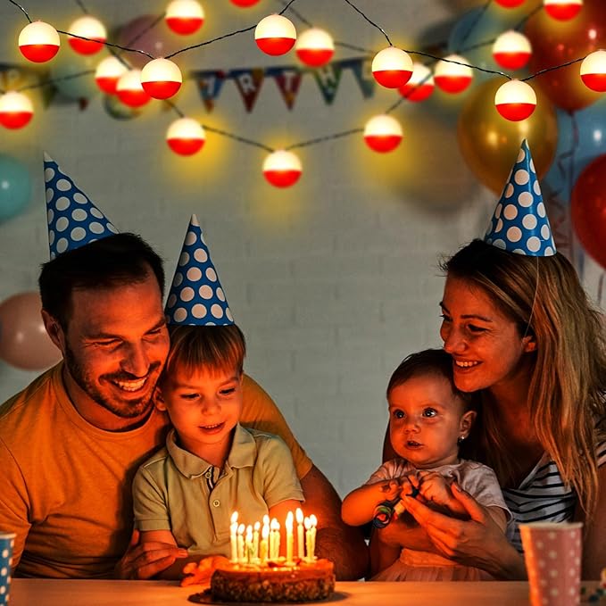 Deekin 3 Pcs LED Fishing Birthday Decorations Bobbers String Lights Battery Powered Ofishally One Theme Decor with Extra Bulbs for Gone Fishing Birthday Party Supplies Pole Party Favors
