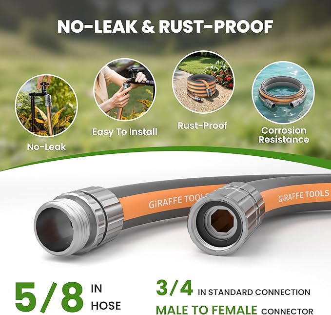 Giraffe Tools Garden Hose 5FT, 5/8" Lightweight Lay Flat Water Hose, Custom Length, Flexible, Leakproof Hybrid Hose Pipe with Male to Female Fitting