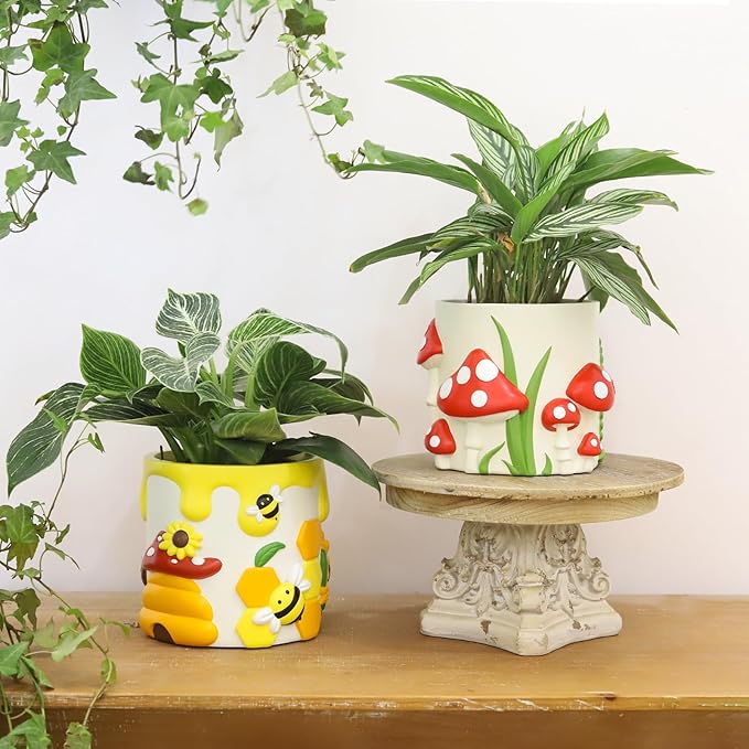GUGUGO Colorful Bees and Sunflowers Plant Pots, Cute Unique Succulent Planters with Drainage, Rainbow Small Mushrooms Flower Planters Pots for Indoor Plants, Funny Eclectic Home Decor