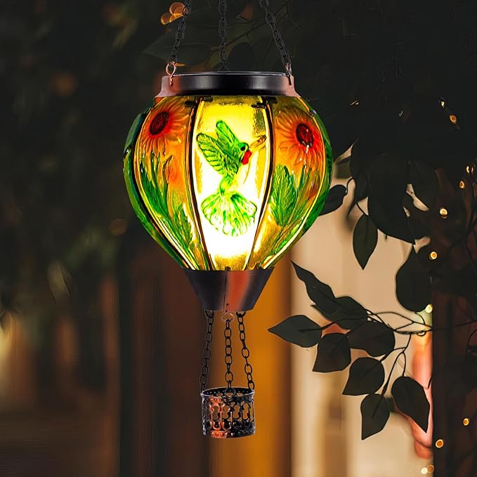 Hummingbird and Sunflower Solar Hot Air Balloon Lantern with Flame, Glass Hot Air Balloon Solar Lantern Outdoor Waterproof, Hanging Solar Lantern for Outside Garden Patio Tree Porch Yard