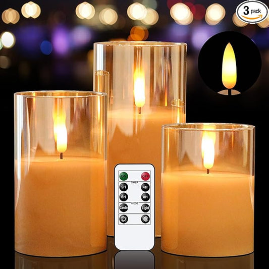 Glass Flameless Candles with Remote Timer,LED Candles Flickering Battery Operated with 3D Wick,Candle Holders Table Centerpiece Decoration for Home Wedding Birthday Festival(Gold)