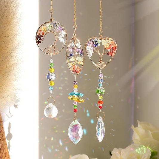 3pcs Tree of Life Chakra Crystal Suncatcher Windows Hanging Gloden Sun Catchers Decor with Prisms for Car, Feng Shui House Warming Gift for Home