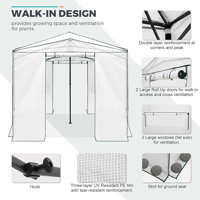 EAGLE PEAK 12x8 Portable Walk-in Greenhouse, Pop-up Indoor Outdoor Garden Green House, Zippered Doors and Windows, PE Cover, White