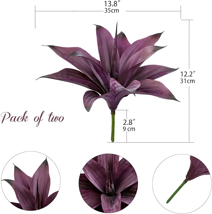 Fake Plants Artificial Agave Plants Indoor，UV Resistant Fake Agave Planters Outdoor Decorating Artificial Plants for Outdoors Decor Agave (2Pack,12.6'Purple) Spring Decorations for Home