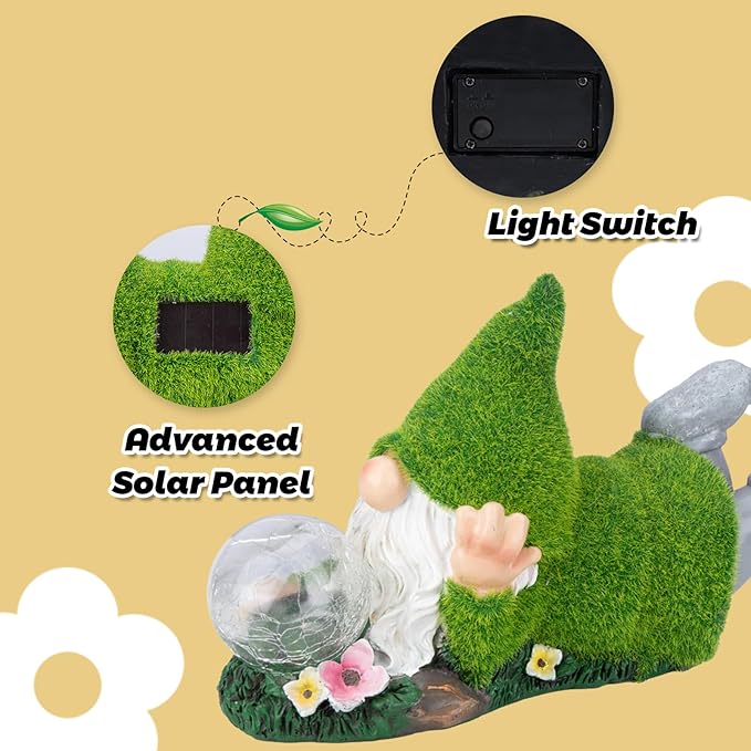 Garden Gnome Statue with Solar Crackle Glass Globe Lights, Resin Gnomes Statue, Patio Yard Lawn Porch Outdoor Garden Decor Christmas Housewarming Gift