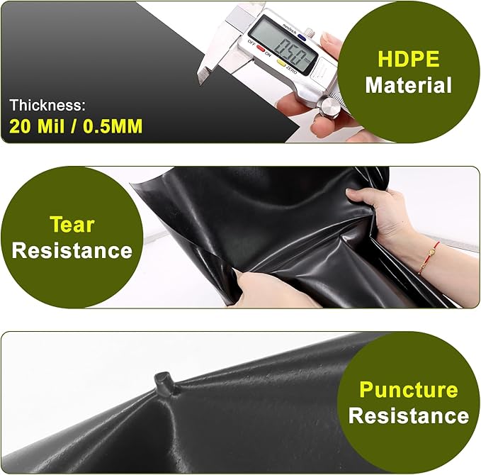 20 x 25 FT Pond Liner, 20 Mil Pond Liners for Outdoor Ponds, HDPE Pond Liner Easy Cutting Puncture Resistant, Pond Liners for Water Garden Fountain Waterfall, Koi Fish Aquaculture Pond