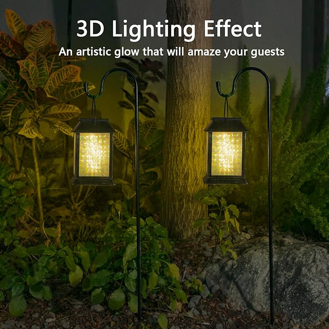 2 Pack Solar Lanterns Outdoor Waterproof, 3D Hanging Solar Lights, Type-C Rechargeable LED Pathway Lights with 2 Modes (Steady & Flashing), for Garden Decor, Patio, Yard, Camping