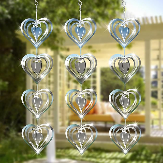 12 Metal Heart Bird Scarer Discs Set, Wind Spinners 3D Helix Reflector Stainless Steel Sparkly Outdoor Garden Decor, Scare Birds & Animals Away from Garden Yard Patio Lawn Farm Wind Sculpture Gifts