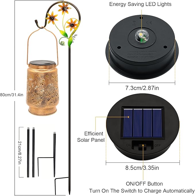 2 Pack Solar Lanterns Outdoor Garden Decor with Shepherd Hook, Gardening Gifts for Mom Grandma Women Sunflower Metal Decor Lantern Waterproof Solar Lights LED Decorative for Garden Yard Patio