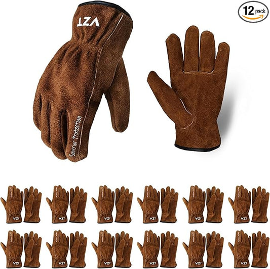 12 Pairs Bulk Leather Work Gloves for Men or Women for Gardening, Construction, Truck, Driving, Farm, Ranch, Woodworker, Soft, Cowhide Thickened, Water Resistant, Brown, Medium
