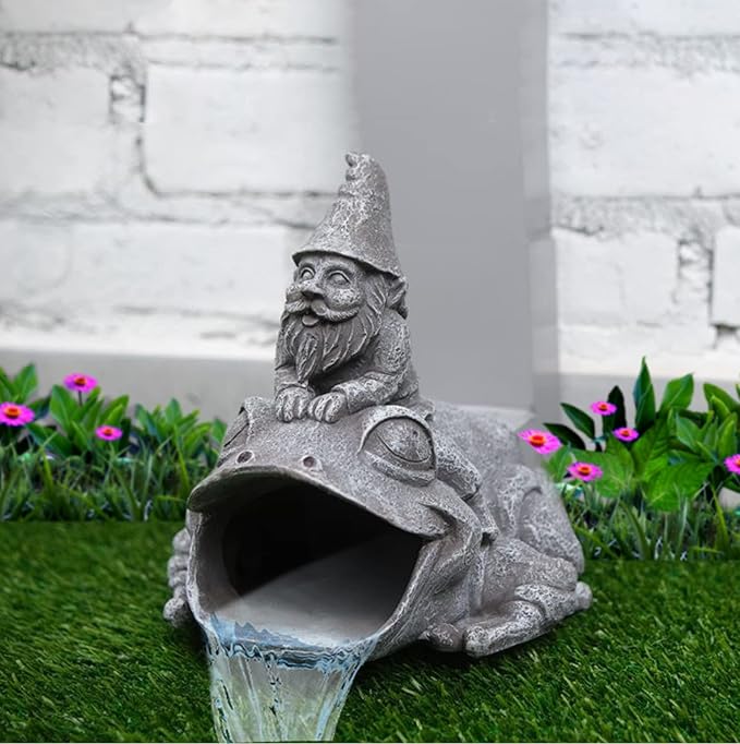 Gutter Downspout Extension - Downspout Splash Block - Downspout Diverter Garden Statue (Gutter in The Form of Funny Gnome on a Frog)