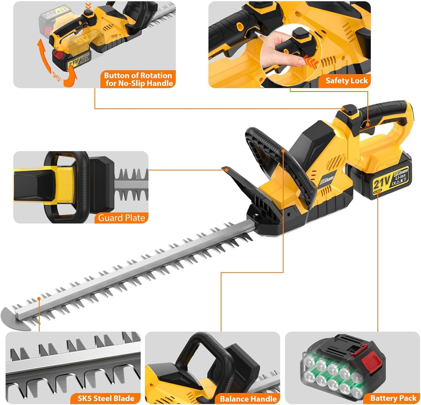 22''Hedge Trimmer Cordless,21V Electric Handheld Bush Clipper with 2 Pack 4000mAh Rechargeable Batteries,3200RPM 180°Rotatable Head,3/4''Blade Gap,Lightweight & Compact Trimmer