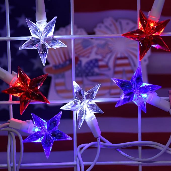 50 LED Red White and Blue Star Lights, 18.5FT 4th of July Lights Plug in, Patriotic Decorations Outdoor Star String Light for Home Patio Porch Garden Memorial Day Independence Day Decor, White Wire