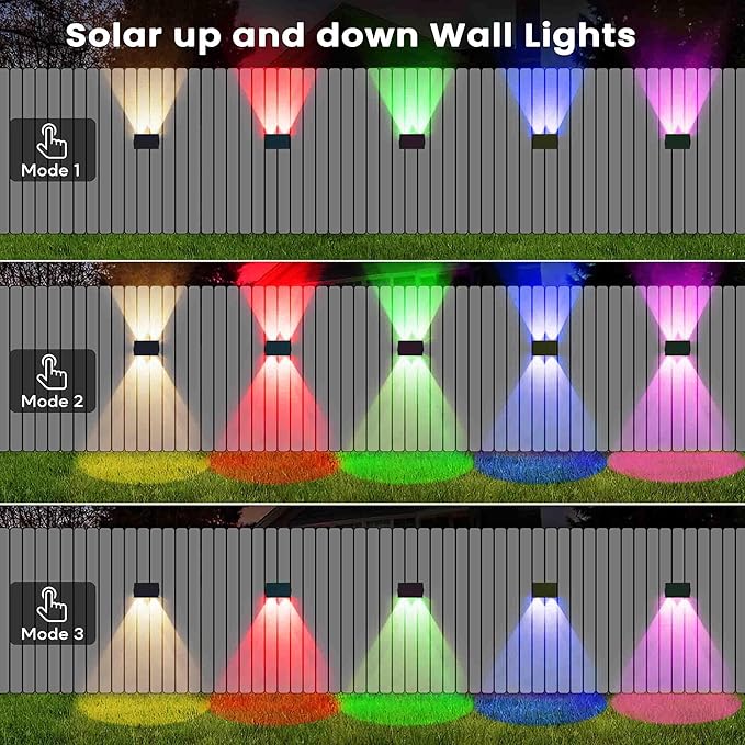 Fence Lights Solar Powered, 4-Pack Solar Fence Lights Up/Down Flexible Buttons, IP67 Waterproof for Outdoor, 120LM Bright, Auto Dusk to Dawn for Wall/Stairs/Yard/Railing/Deck/Pathway (White & RGB)