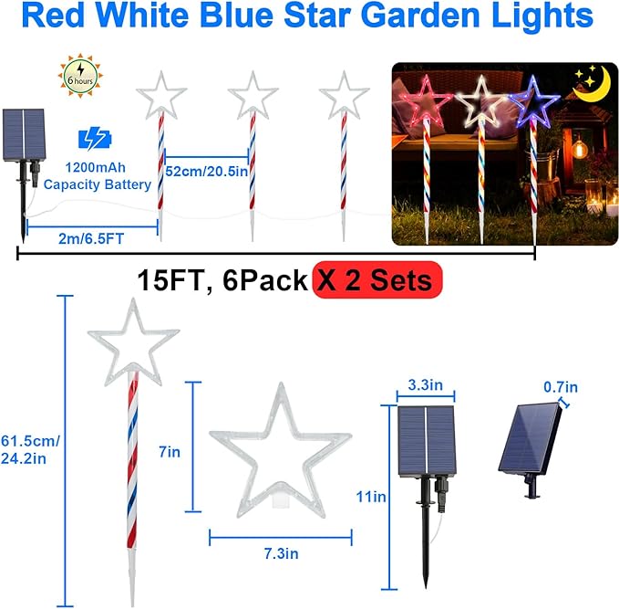 4th of July LED Big Star Pathway Lights Patriotic Lights Outdoor, for Memorial Day Independence Day Any Patriotic Decorations, 8 Mode Remote Control Solar Powered(2 Pack, 180 LED)