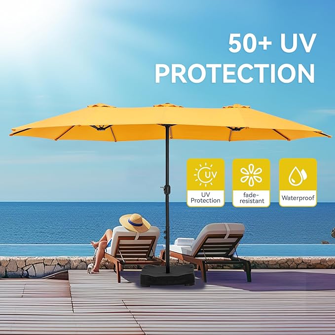 GREEN PARTY 15 ft Rectangle Patio Umbrella with Base Included, Double-Sided Table Umbrella with Crank, Large Outdoor Umbrellas for Patio Poolside Garden Backyard, Gold Yellow