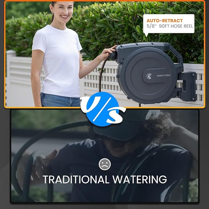 Giraffe Tools Retractable Hose Reel 5/8" x 90 ft Wall Mounted Garden Hose Reel Heavy Duty, Automatic Rewind, 180 Deg Swivel, Any Length Lock, 9 Pattern Nozzle, 90 ft, Dark Grey