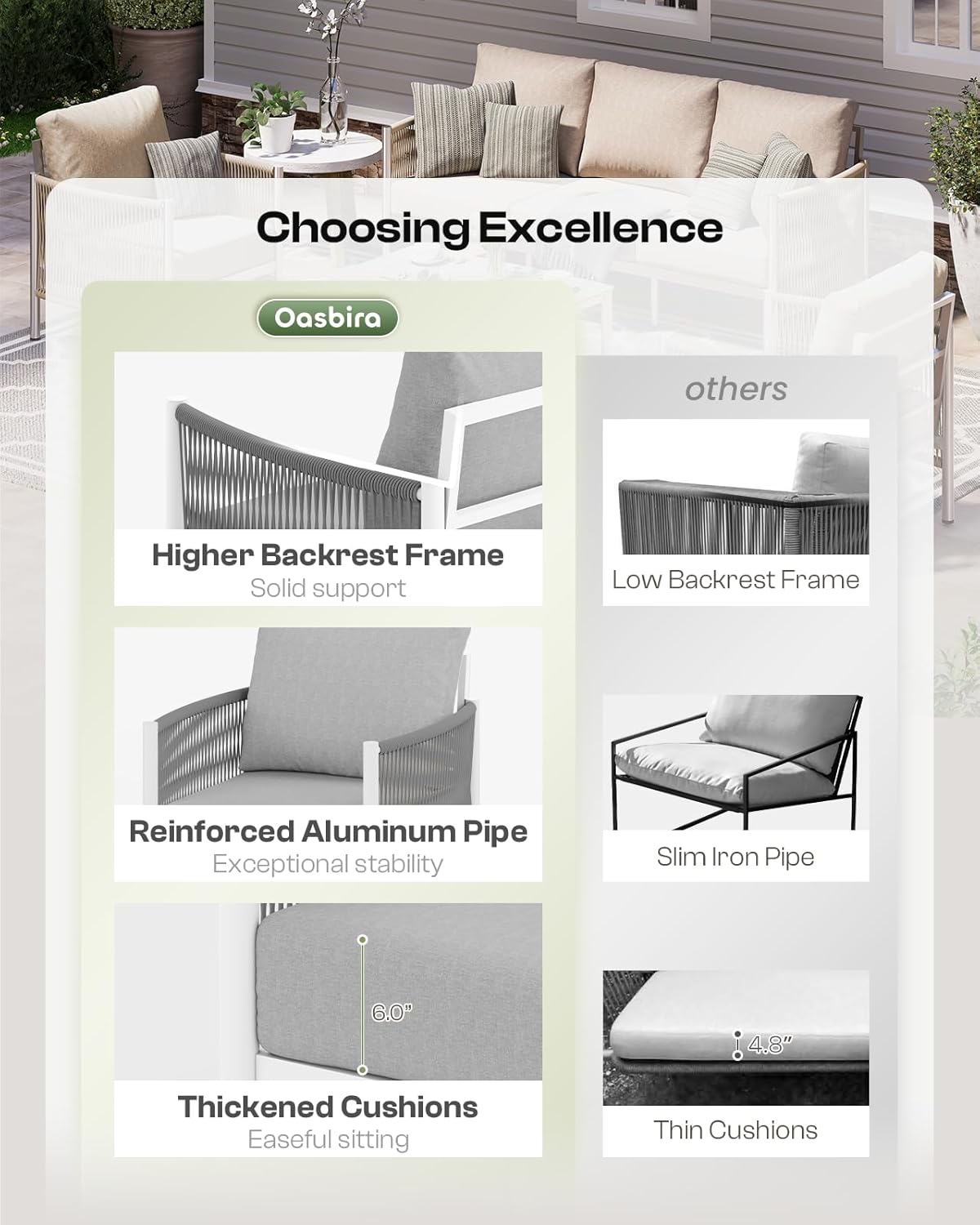 Aluminum Outdoor Patio Couch, 3 Seats HDPE Rope Patio Sofa with Washable Thick Cushion, All-Weather Patio Furniture for Balcony, Yard, White Frame, White