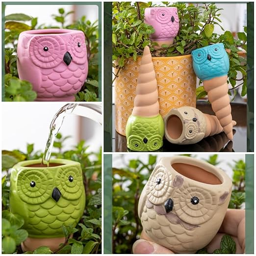 4 Pack Plant Watering Devices, Owl Shape Terracotta Watering Spikes, Vacation Self Watering Planter Insert, Automatic Plant Waterer for Indoor Outdoor Plants