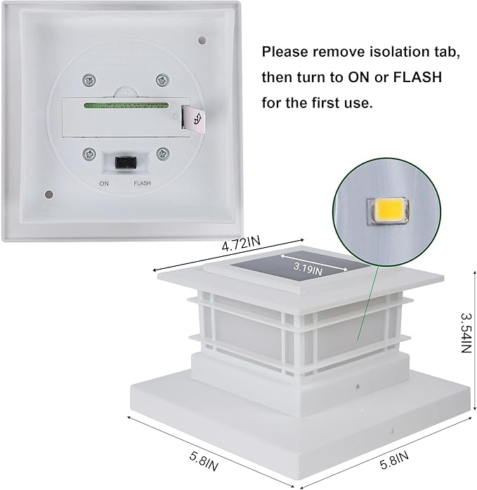 Dynaming 2 Pack Solar Flame Post Lights Outdoor, Solar Powered Fence Post White Shell Cap Light, High Brightness Flickering Flame LED Lighting for Garden Deck Patio, Fit 4x4 5x5 6x6 Vinyl/Wooden Posts