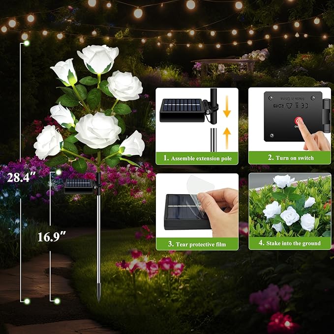 DWH 1 Pack Solar Garden Lights Outdoor, 7-Flower Rose Solar Lights for Yard, LED Solar Powered Stake Lights for Patio Pathway Lawn Fence Cemetery, White