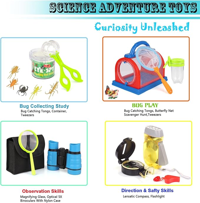 ESSENSON Outdoor Explorer Kit & Bug Catcher Kit with Binoculars, Compass, Magnifying Glass, Critter Case and Butterfly Net Great Toys Kids Gift for Boys & Girls Age 3-12 Year Old Camping Hiking