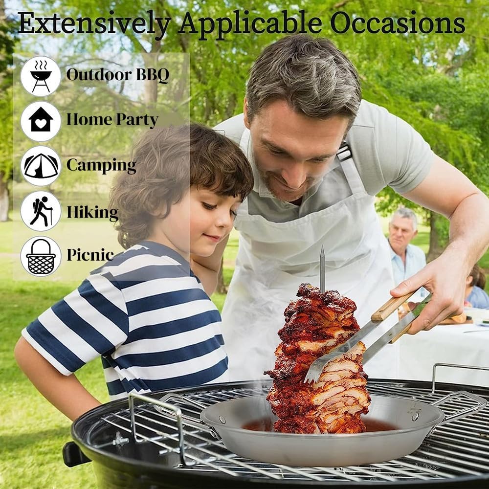 Al Pastor Skewer for Grill, Stainless Steel Vertical Skewer Shawarma Stand Vertical Spit with 3 Removable Spikes(8”/10"/12”) & Brushes Gyro Pan for Tacos, Kebabs Smoker,BBQ