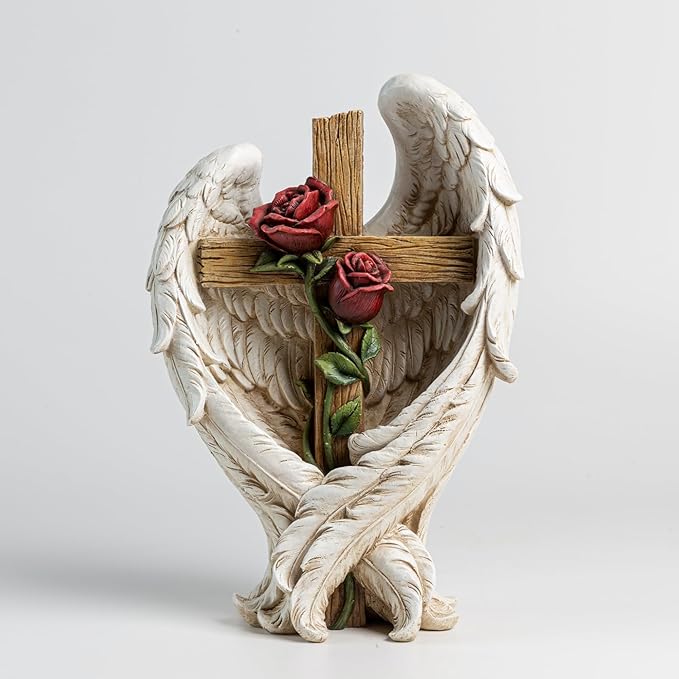 12" Angel Wings Embracing Cross and Rose Garden Statue Memorial Statue for Beloved one
