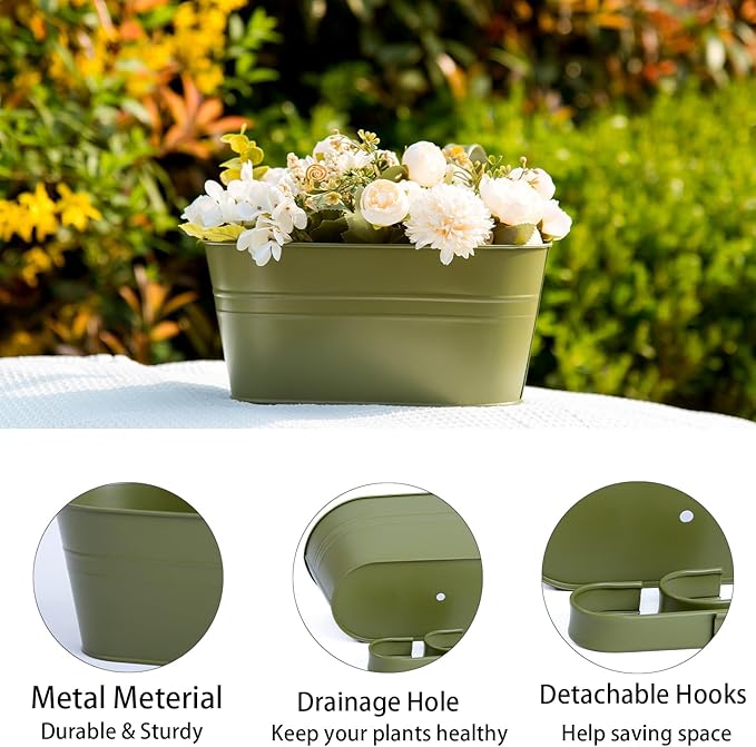 3 Pack Metal Hanging Flower Pots for Railing Fence，Outdoor Balcony Rail Planter with Detachable Hooks Drainage Holes for Deck Garden Home Decor Green