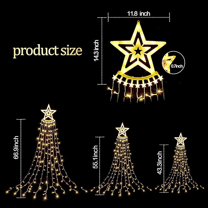 3 Pcs Christmas Decorations Star String Lights 3 Size 108/135/162 LED Waterproof String Lights with Christmas Tree Topper Lighting 8 Modes Waterfall Lights for Garden Yard Party, Warm White