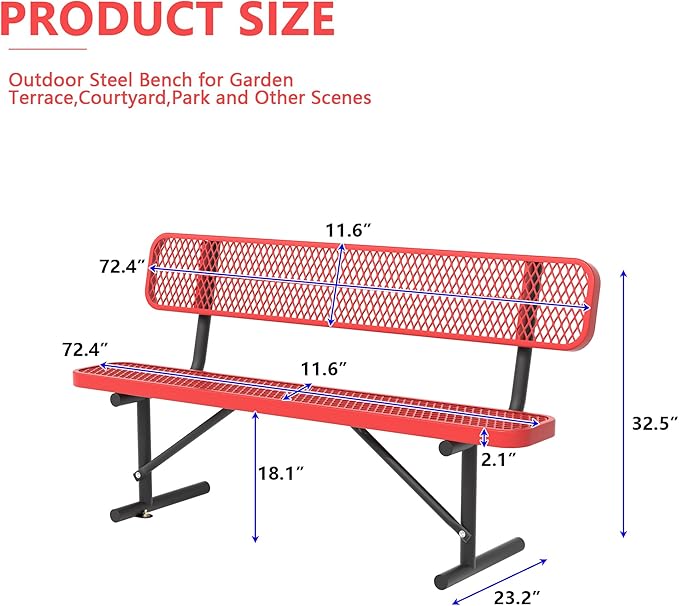 Heavy Duty Park Bench with Back Portable Frame, Outdoor Steel Bench with Backrest, Red Metal Bench Seat Expanded Metal Mesh Bench for Lawn, Park, Deck, Garden, Patio, Porch, Black (Red, 6FT)