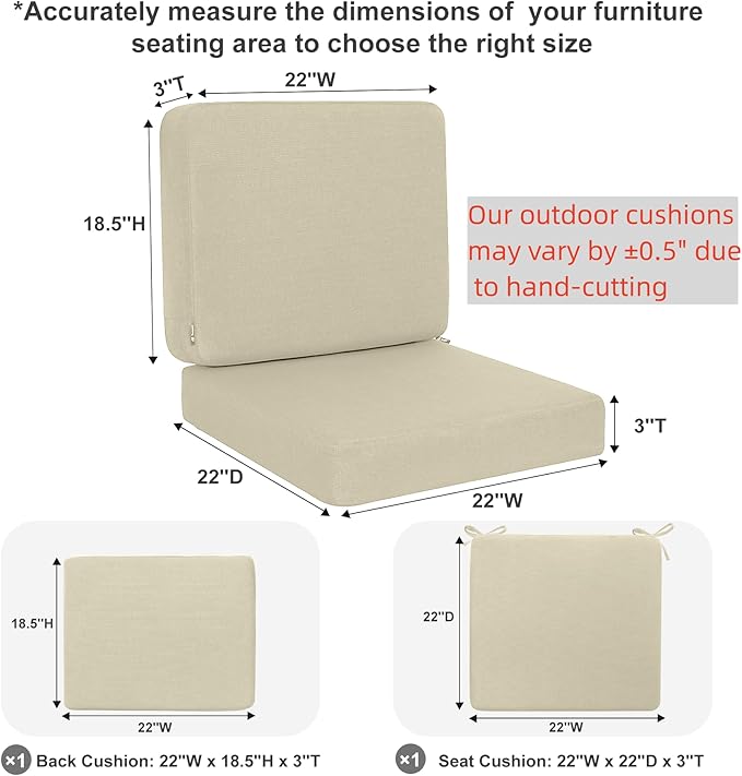 Favoyard Outdoor Deep Seat Cushion Set, 22 x 22 Inch Rainproof & 3-Year Fade Resistant Patio Furniture Cushions, Removable Seat Bottom & Back Cushion Covers with Ties for Chair, Sofa, Couch, Beige