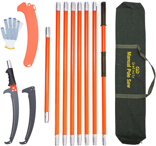 27FT Manual Pole Saw, Tree Branch Trimmer with 8-Section Fiberglass Handle, Sharp Steel Blade, Lightweight Extendable Design for High Branch Trimming, Orange