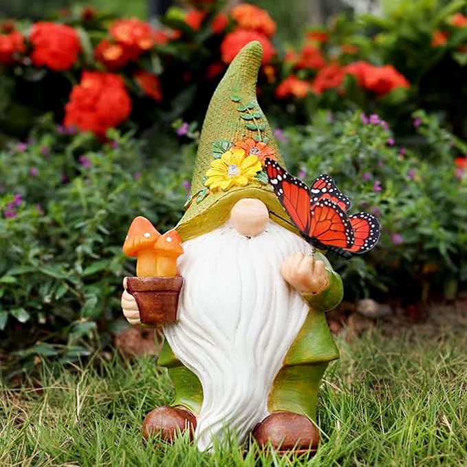 Garden Gnomes Outdoor Garden Decor-Resin Gnome with Solar Outdoor Lights Decorative Mushroom and Vivid Butterfly Spring Gnomes Decorations for Yard Decor,Gardening Gifts for Women