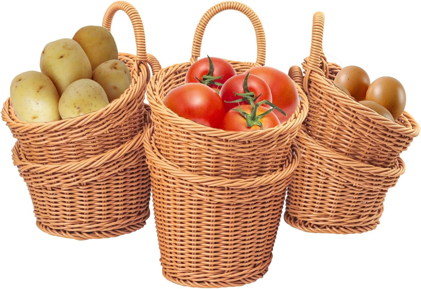 6 Pack 3 Size Woven Hanging Fruit Basket, Wall Hanging Wicker Baskets, Wall fruit Wicker Basket for Kitchen, Planter, Vegetable & Fruit, Boho Home Decor