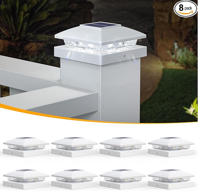 APONUO Solar Post Cap Lights for 4x4 Wood & Vinyl Posts, IP44 Waterproof Cool White LED 4x4 Post Solar Lights, Outdoor Garden Patio Yard Decor, 8 Pack (White)