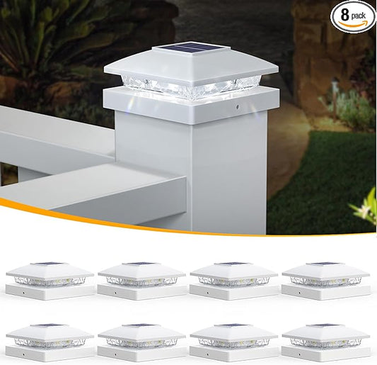 APONUO Solar Post Cap Lights for 4x4 Wood & Vinyl Posts, IP44 Waterproof Cool White LED 4x4 Post Solar Lights, Outdoor Garden Patio Yard Decor, 8 Pack (White)
