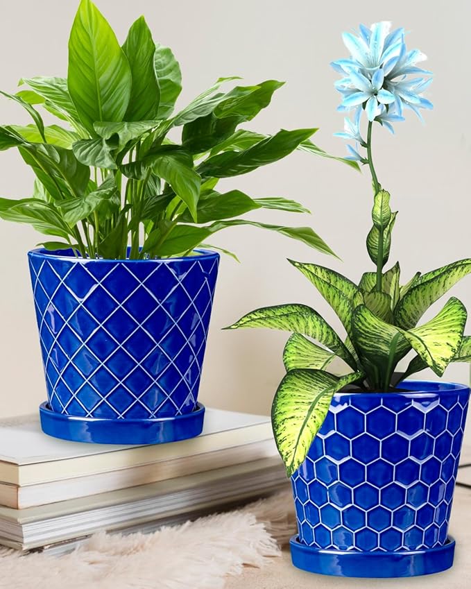 EFISPSS 6 Inch Pots for Indoor Plants,Ceramic Plant Pots,Planters with Drainage Hole and Saucer, Flower Pots Desktop Office Windowsill Decoration Gift Set of 2 - Sapphire Blue