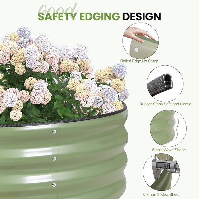 G GOOD GAIN Round Raised Garden Bed - 1Pcs 3x3x1.4ft Galvanized Steel Planter Boxes Outdoor with Rubber Edge Trim | Metal Raised Beds for Gardening Vegetables Flowers Fruits Herbs (Olive Green)