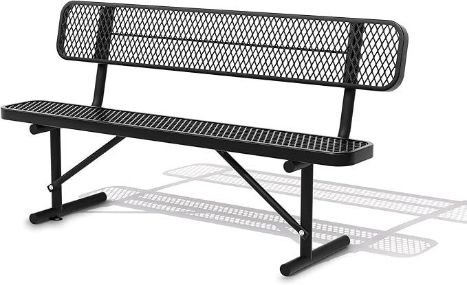 6 FT Heavy Duty Park Bench, Outdoor Metal Black Bench with Back-Commercial Steel Benches for Outside, 2-4 Person Seat-Garden Benches with Portable Frame for Outdoors