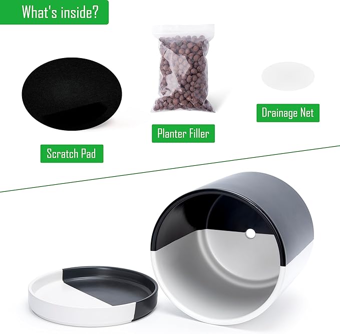 D'vine Dev 10 Inch Ceramic Planter Pot with Drainage Hole and Saucer, Indoor Cylinder Round Planter Pot, Split Monochrome Black & White, 94-O-E-0