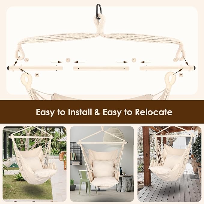 Highwild Hammock Chair Hanging Rope Swing - Max 500 Lbs - 2 Cushions Included - Steel Spreader Bar with Anti-Slip Rings - for Any Indoor or Outdoor Spaces (Beige)