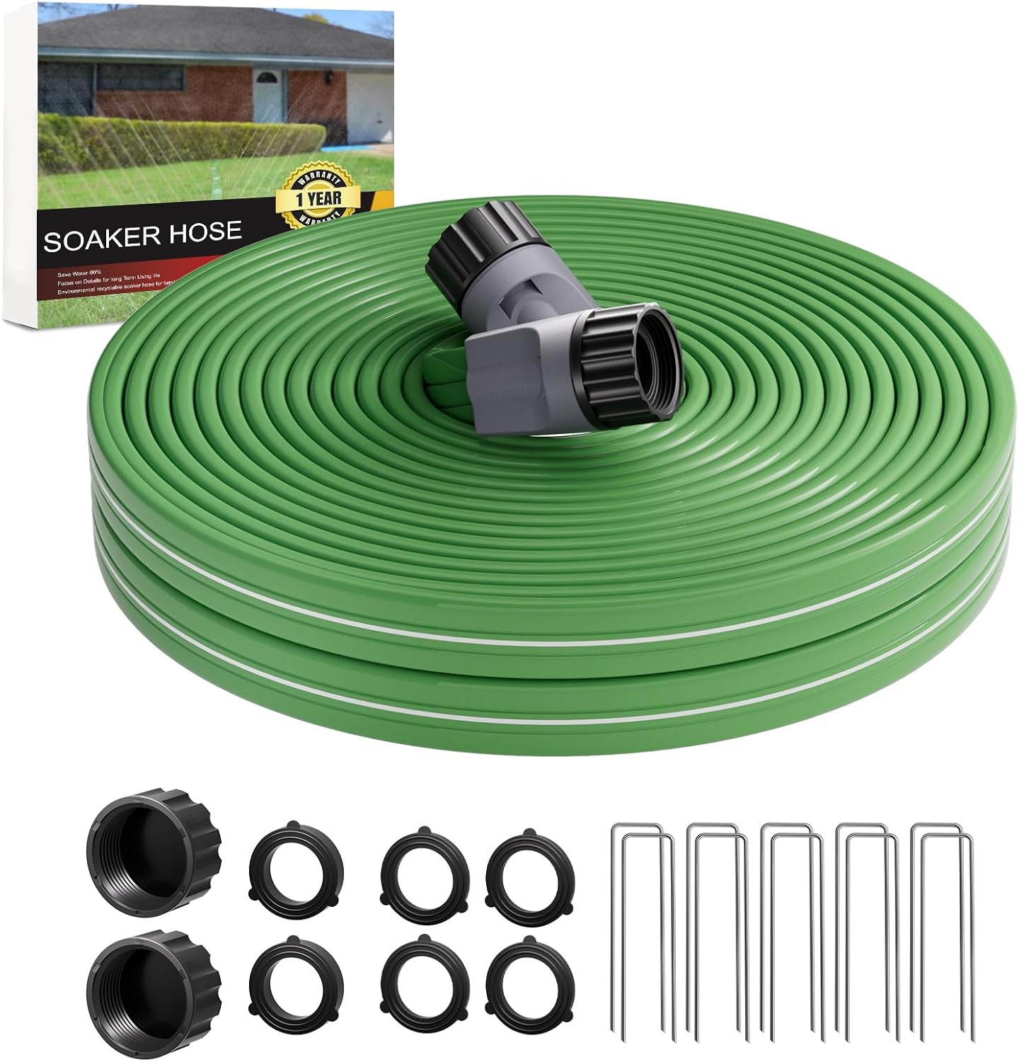 50 FT Sprinkler Soaker Hose for Garden Lawn, Durable Flat Water Hose with 10 Stakes, Water-Saving Irrigation Tubing with Multi-Directional Spray (Up to 8 FT Range)