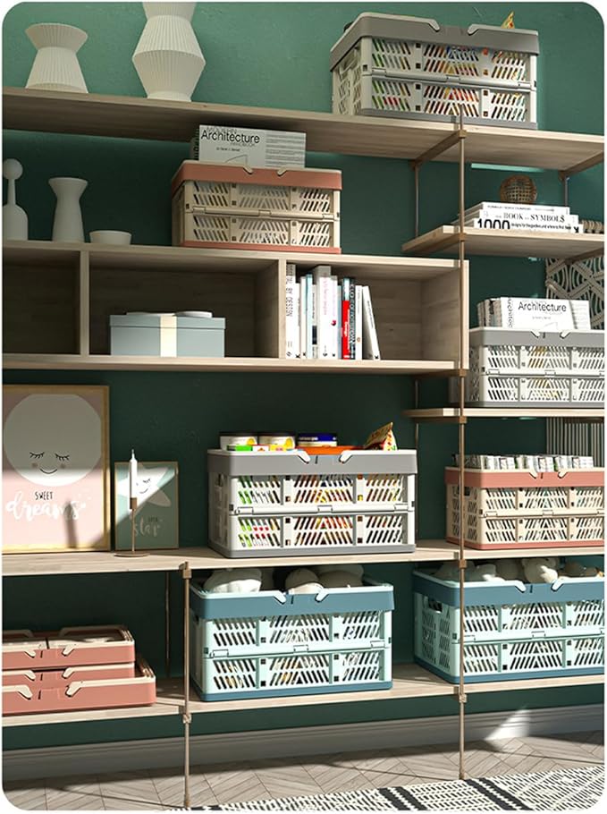 20L Plastic Collapsible Storage Crate - Foldable Handle Crate Storage Basket Bin - White & Gray M