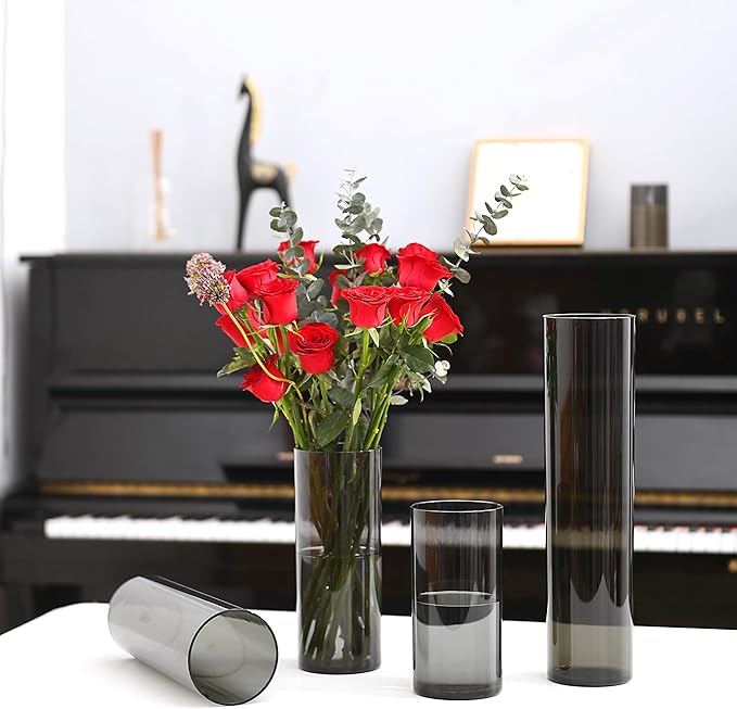 Flower Vase, Non-breakable Vases, 4" W x 10" H, Acrylic Grey Vase, Aesthetic Room Decor Cylindrical Modern Flower Vases for Table Centerpiece, Home Decor, Women Floral Arrangement Gift