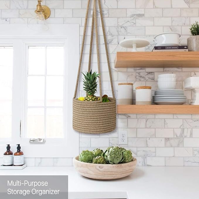 Flexzion Hanging Plant Basket (2 Pack) Cotton Rope Basket Indoor Planter Hanger (up to 7 Inch Flower Pot) Macrame Woven Organizer Bin Home Decor Storage Organizer 20" Hanging Rope, Brown