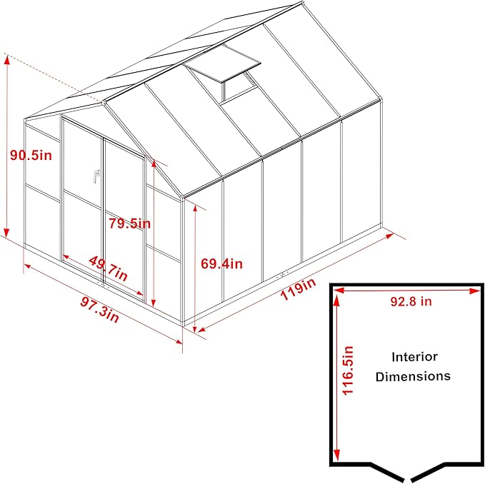 8x10 FT Outdoor Greenhouse Kit, Polycarbonate Aluminum Walk-in Greenhouse with Adjustable Roof Vent and Lockable Door, Backyard Garden in Winter, Gray