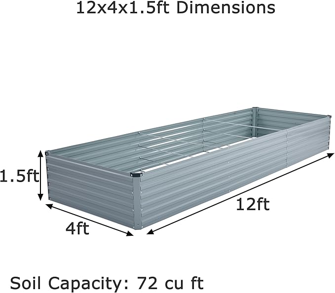 12x4x1.5ft Galvanized Raised Garden Bed,Outdoor Planter Box Metal Patio Kit Planting Bed for Vegetables Flowers Herb,Grey