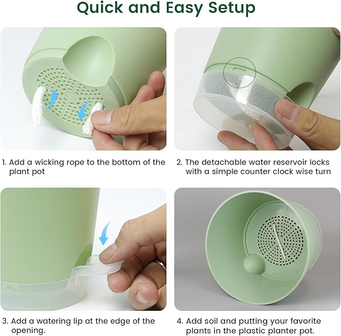 6 inch Self Watering Pots for Indoor Outdoor Plants, 3 Pack Flower Plant Pots with Drainage Holes and Clear Reservoirs, Visible Water Level, Plastic Planters with Wicking Rope, Green