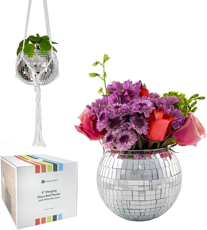Hanging Disco Ball Planter 8" - with Acrylic Stand and Macrame Plant Hanger - Home Décor, Room Décor, Mirror Disco Planter, Disco Decor (6" with White Hanger, Flat Base)